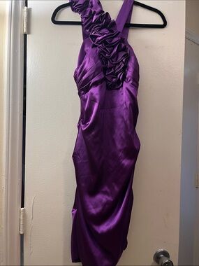 Purple Satin One-Shoulder Ruffled Cocktail Dress